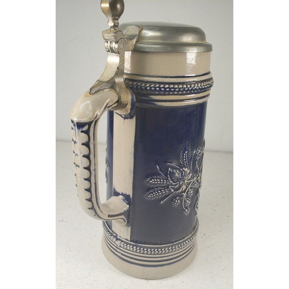 Vintage Original Gerzit Lidded German Stoneware Beer Stein Cobalt Blue Pewter - Picture 5 of 14